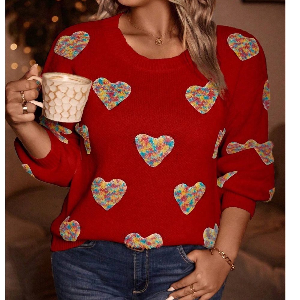 Heart Print Vday Valentine’s Day Knit Sweater Top - Picture 1 of 13